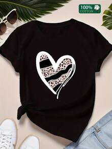 1 pieza talla grande - Camiseta elástica para mujer - Camiseta suave para uso diario con estampado de corazón de leopardo - Camiseta de cuello redondo no transparente, adecuada para uso casual - Prenda esencial para todas las estaciones, diseño moderno, ajuste cómodo, camiseta de manga corta, 100% algodón de 180g. - Negro - Ver 1