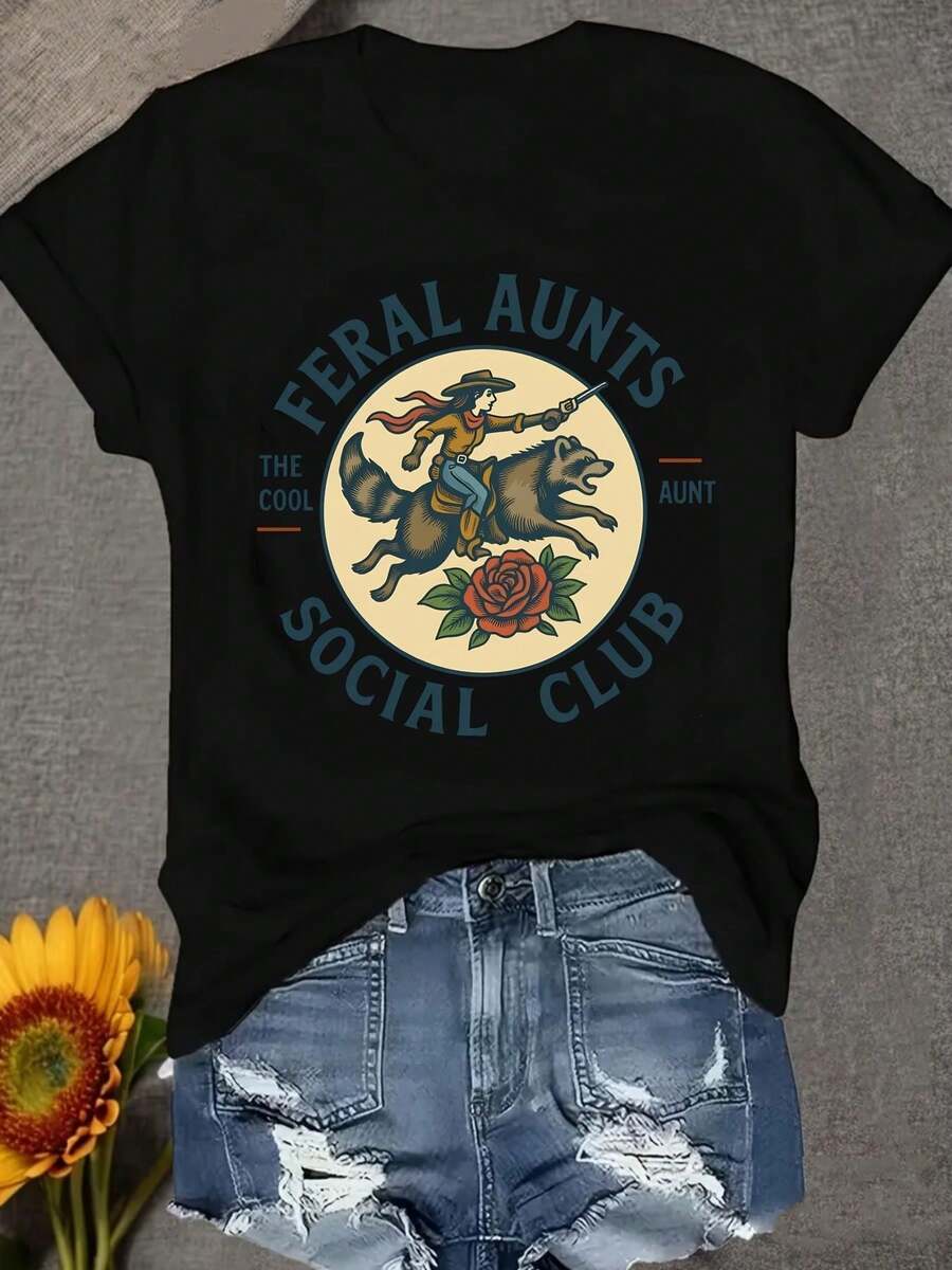 Camiseta Deportiva Casual para Mujer con Diseño Gráfico de Vaquero Tatuado Vintage - Camiseta Elástica de Cuello Redondo, Lavable aáquina, Ajuste Cómodo, para Todas las Estaciones, Estilo Retro y Único. - Negro - Ver 1