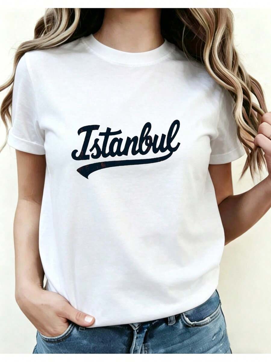 Camiseta Deportiva Casual para Mujer con Gráfico de Mujer de Piel Clara en Estambul - Camiseta Elástica de Cuello Redondo, Lavable aáquina, Ajuste Cómodo, para Todas las Estaciones, Perfecta para Combinar con Jeans Azules. - Blanco - Ver 1