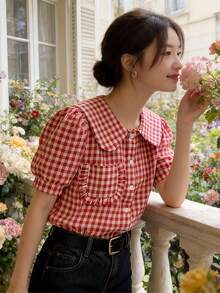 女款格紋印花彼得潘領短泡泡袖休閒襯衫，適合度假、日常、假期、機場穿搭，春夏紅色 - 紅色 - 查看 6