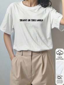 1 pieza de camiseta casual de manga corta para mujer con estampado "TRUST IN THE LORD", 100% algodón, camiseta gráfica, tela suave, ropa de algodón, top para exteriores, estampado, camiseta de verano, camiseta para mujer, top, ropa de verano, atuendo para vacaciones, estilo de viaje, estilo playero, ropa minimalista para resort, 180g Algodón 100%. - Blanco - Ver 6