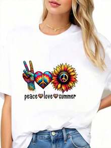 Women's T-Shirt With Heart, Sunflower And Peace Symbol Print, Boho Style, Casual, For Festivals, Summer, Hipster Fashion, Urban Vintage Style, Unisex, Cotton, Short Sleeve, Round Neck, 100% Cotton - 白色 - 查看 3