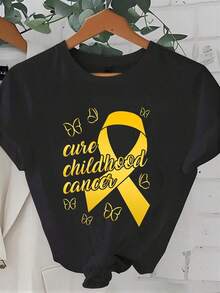 100% Cotton, Women's T-Shirt, Supports The Fight Against Childhood Cancer, Yellow Ribbon Design, Raises Awareness, Clothing Supporting The Charity Work Against Childhood Cancer. - 黑色 - 查看 1