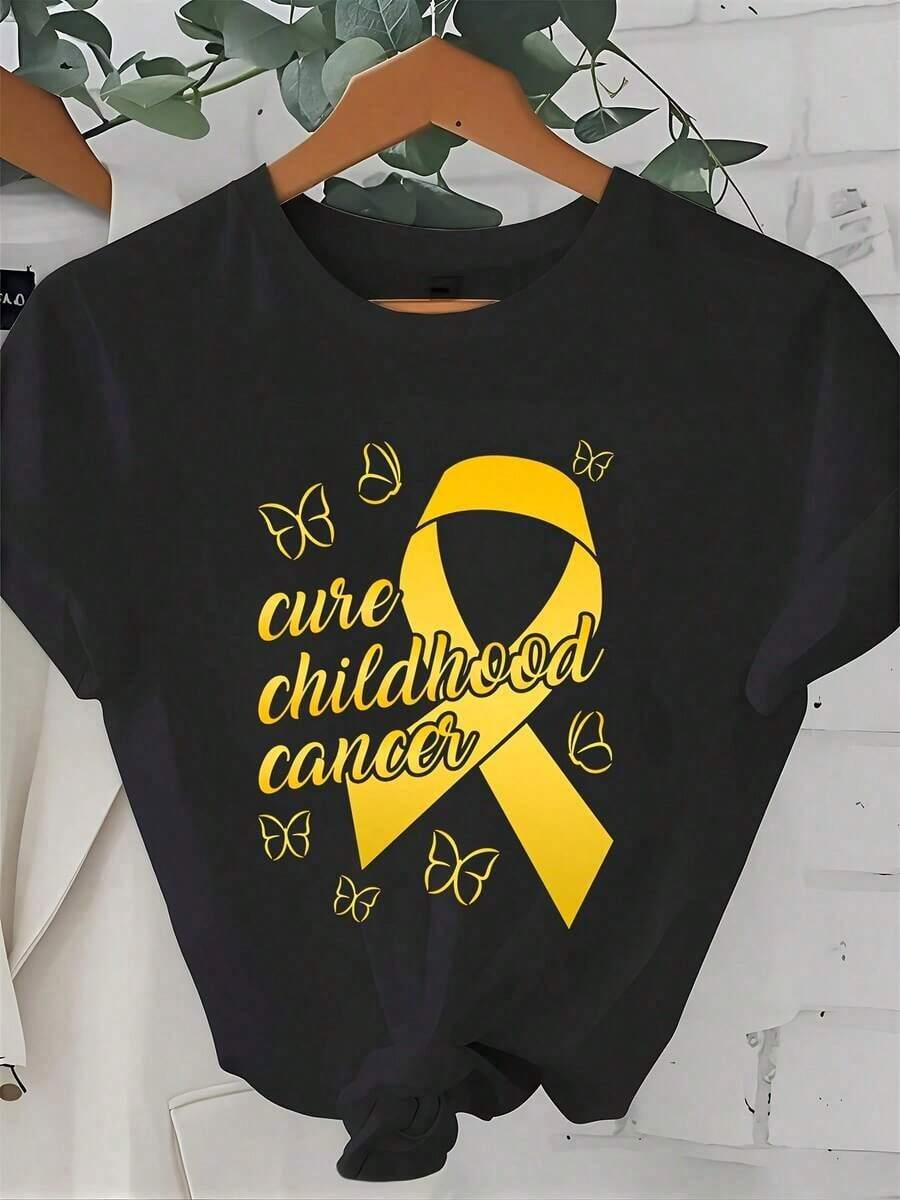 100% Cotton, Women's T-Shirt, Supports The Fight Against Childhood Cancer, Yellow Ribbon Design, Raises Awareness, Clothing Supporting The Charity Work Against Childhood Cancer. - 黑色 - 查看 1