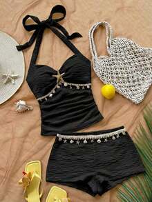 Conjunto de 2 piezas de top halter sin espalda y shorts, conjunto de ropa para vacaciones - Negro - Ver 8
