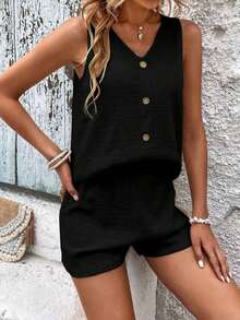 LUNE Conjunto De Camiseta Sin Mangas Y Pantalones Cortos De Color Sólido Para Mujer Con Cuello En V - Negro - Ver 4