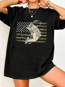 Camiseta de moda femenina de verano de manga corta camiseta de moda casual al aire libre 'pescado' estampado camiseta casual femenina suelta - Negro - Ver 1