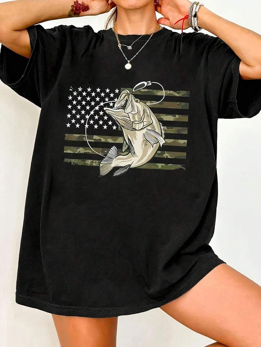 Camiseta de moda femenina de verano de manga corta camiseta de moda casual al aire libre 'pescado' estampado camiseta casual femenina suelta - Negro - Ver 1