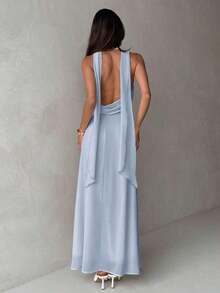 Vestido de mujer con cuello drapeado, línea A, fluido y con lazo en la espalda, color amarillo - Celeste - Ver 2