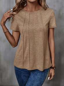 Camiseta De Manga Corta Con Pliegues Delanteros Y Prolongados Para Mujer - Caqui - Ver 3