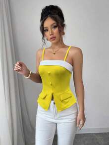 Top de tirantes de mujer con detalles de botones y contraste de color - Amarillo - Ver 4