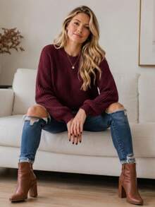 Women's Blouse Puff Sleeve Thick Round Neck Winter Knit - Red - View 2