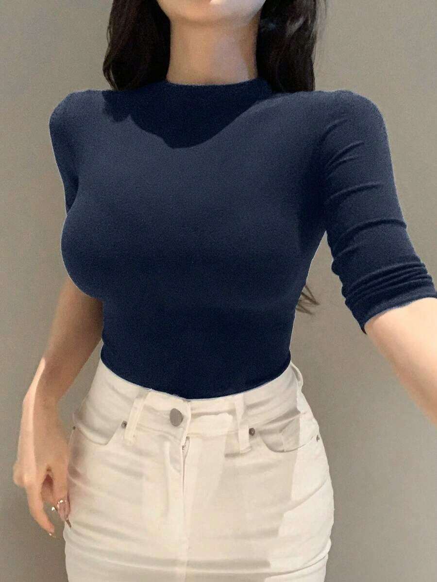 Camiseta de manga corta de ajuste ceñido con cuello redondo de punto acanalado, nuevo artículo de otoño para mujer - Azul marino - Ver 1