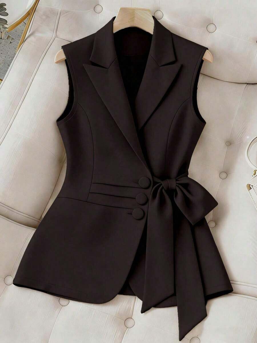 Chaleco de talle con lazo de unicolor elegante para talla grande - Marrón - Ver 1