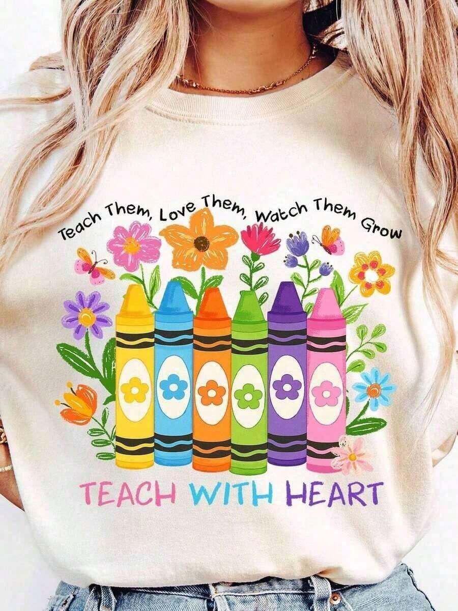 | 100% Pure Cotton & Breathable | Plus Size Teacher Appreciation T-Shirt - Heart Teaching Graphic, Pastel Colors - Soft & Breathable Cotton Daily Gift For Teachers For Teacher's Day, Back To School - Casual Teacher Clothing, Unisex Summer Top - 白色的 - 查看 1