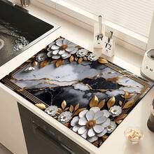 1pc Metal Silver Floral Pattern Printed Absorbent Dish Drying Mat, Concentrated Coffee Machine Countertop Absorbent Mat, Sink Drain Mat, Soft Faucet Absorbent Mat, Sink Cup Mat, Kitchen & Bathroom Accessories - Multicolor - View 9