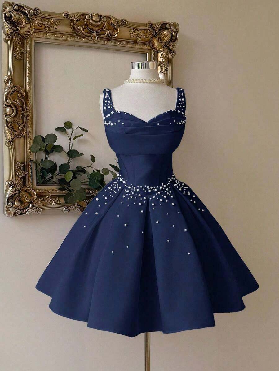 Vestido elegante, lujoso y noble de estilo palaciego con hombros abiertos, escote corazón sin tirantes, silueta de sirena, decoración de perlas falsas y bajo acampanado, adecuado para despedida de soltera, boda, graduación, vacaciones y fiesta de - Azul marino - Ver 1