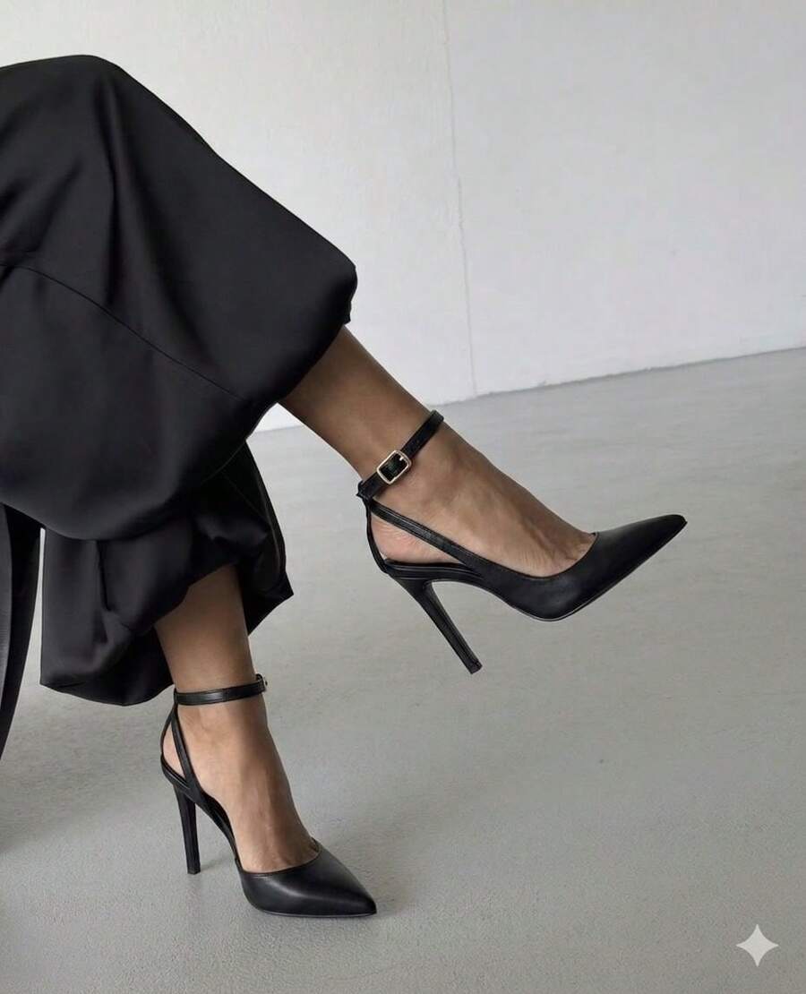 Women's Luxury Open-Toe Slingback Pump With Buckle, Autumn/Winter Style, 11cm High Heel - 黑納帕 - 查看 1