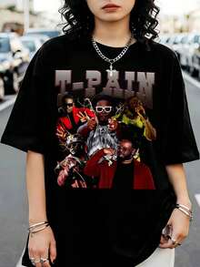 T-Shirt With A Multi-Photo Bootleg-Style Graphic Print Of Hip-Hop Artist T-Pain - Black - View 1