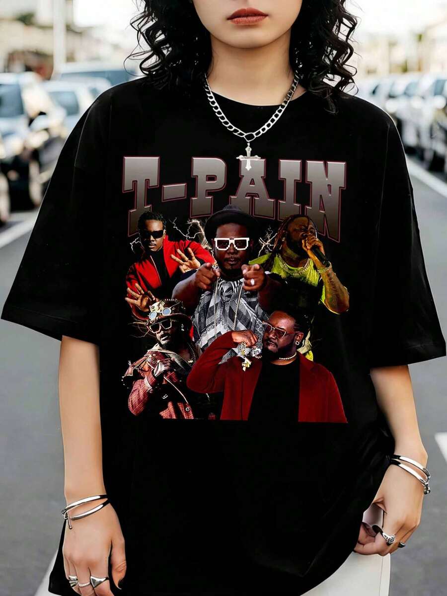 T-Shirt With A Multi-Photo Bootleg-Style Graphic Print Of Hip-Hop Artist T-Pain - Black - View 1