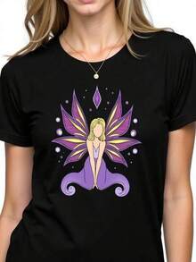 100% Algodón Premium 180g .¡Oferta Especial!Playera.Camiseta artística hada encantada estampado ilustrado estilo bohemio moda casual para mujer colores disponibles negro, azul, blanco, rojo y verde ropa femenina  2023 Camiseta Streetwear Unisex Ideal para Conciertos y Regalo - Negro - Ver 1