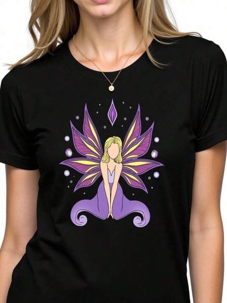 100% Algodón Premium 180g .¡Oferta Especial!Playera.Camiseta artística hada encantada estampado ilustrado estilo bohemio moda casual para mujer colores disponibles negro, azul, blanco, rojo y verde ropa femenina  2023 Camiseta Streetwear Unisex Ideal para Conciertos y Regalo - Negro - Ver 1