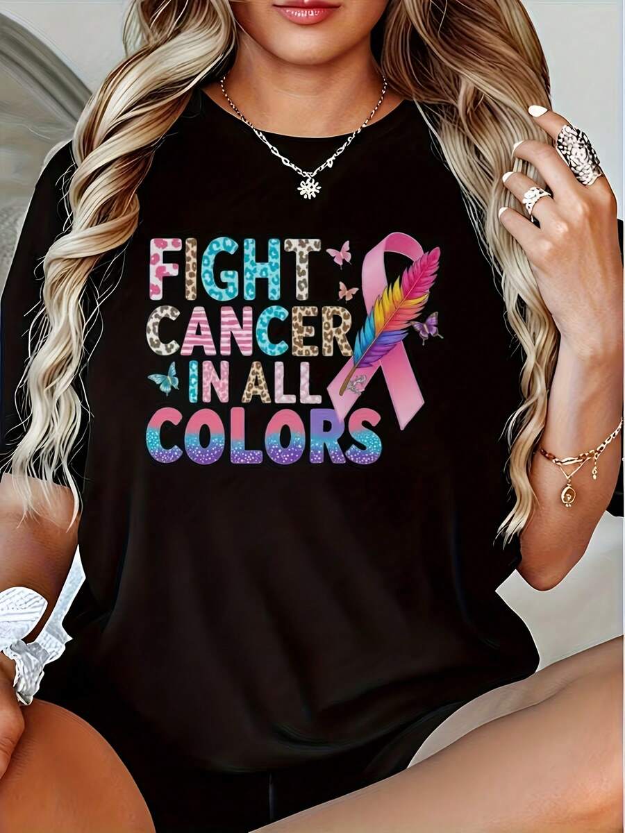 Camiseta negra de concientización sobre el cáncer para mujer - Camiseta de manga corta con cuello redondo, con diseño de lazo rosa y estampado de leopardo, lavable aáquina, ropa casual - Camiseta unisex de algodón holgada de manga corta y cuello redondo estilo vintage urbano. - Negro - Ver 1