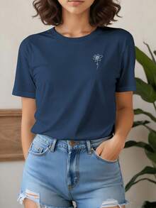 Women's Short Sleeve T-Shirt With White Floral Print, Round Neck, Casual Top Ideal For Daily Wear And Formal Occasions, Versatile Clothing, Vintage Style, Machine Washable, For Fashion Enthusiasts - 藍色 - 查看 1
