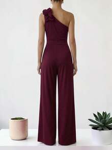 Women's Elegant One-Shoulder Palazzo Jumpsuit Dress, Long Jumpsuit, Formal Outfit For Party, Wedding, Graduation - 中紫紅色 - 查看 4