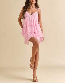Women's Short Dress With Layered Ruffles, Thin Straps, V-Neck, Summer Fashion - Rosa Claro - View 4