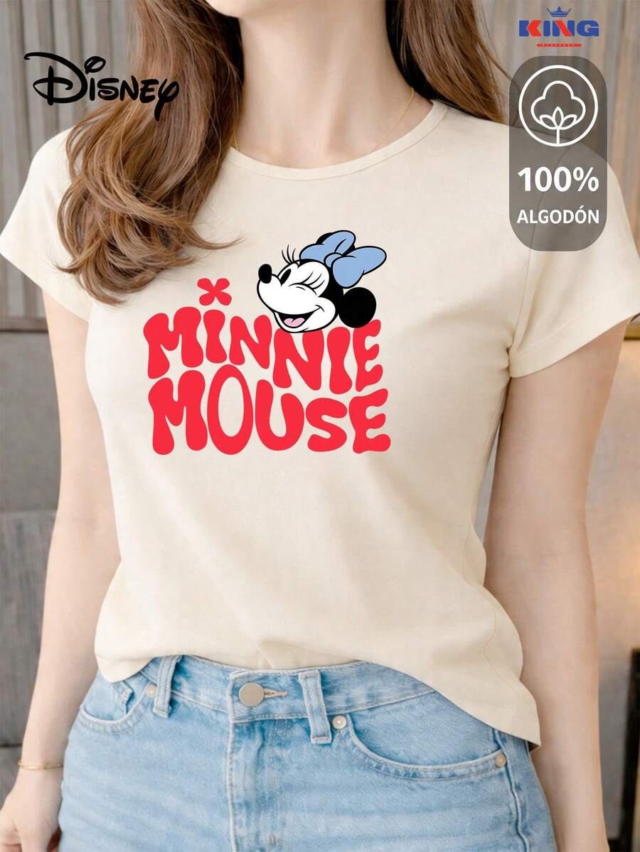 Women's T-Shirt Made Of 100% High-Quality Cotton, This T-Shirt Guarantees Exceptional Softness To The Touch, Round Neck With "Disney Minnie Mouse Retro Smile" Print And Short Sleeves - 米色 - 查看 1