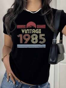 100% Cotton. Sunset Mountain With Colorful Lines Evoking 1985 And The Retro Spirit Of The Rising Sun Over Nature. Women's T-Shirt, 100% Soft And Comfortable Cotton. Women's Simple Solid Color T-Shirt, Loose And Slim Fit Casual Short Sleeve - 黑色 - 查看 1