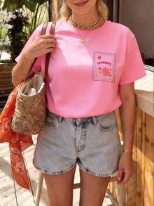 Camiseta Casual de Cuello Redondo para Mujer de Talla Grande, Tejido Cómodo y Transpirable, Ideal para Salidas de Primavera/Verano, Corte Holgado con Silueta Favorecedora, la Mejor Opción para Vacaciones y Viajes.Blanco 100% Algodón - Rosa - Ver 2