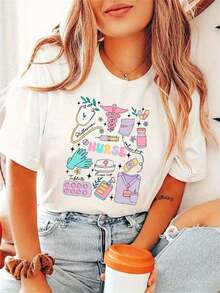 Camiseta Moderna y Minimalista con Estampado de Enfermera para Mujer, Perfecta para Primavera y Verano, Ropa Deportiva Casual de Manga Corta. - Blanco - Ver 1