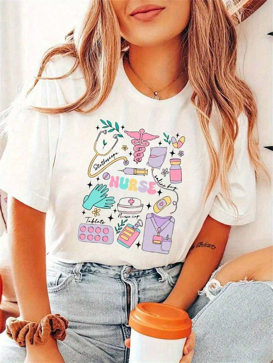 Camiseta Moderna y Minimalista con Estampado de Enfermera para Mujer, Perfecta para Primavera y Verano, Ropa Deportiva Casual de Manga Corta. - Blanco - Ver 1