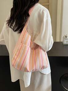 1PC Large Capacity Women Cloth Tote Bag, Shoulder Bag, Casual Stripe Fabric Handbag , Pink , Beach - 粉色 - 查看 1
