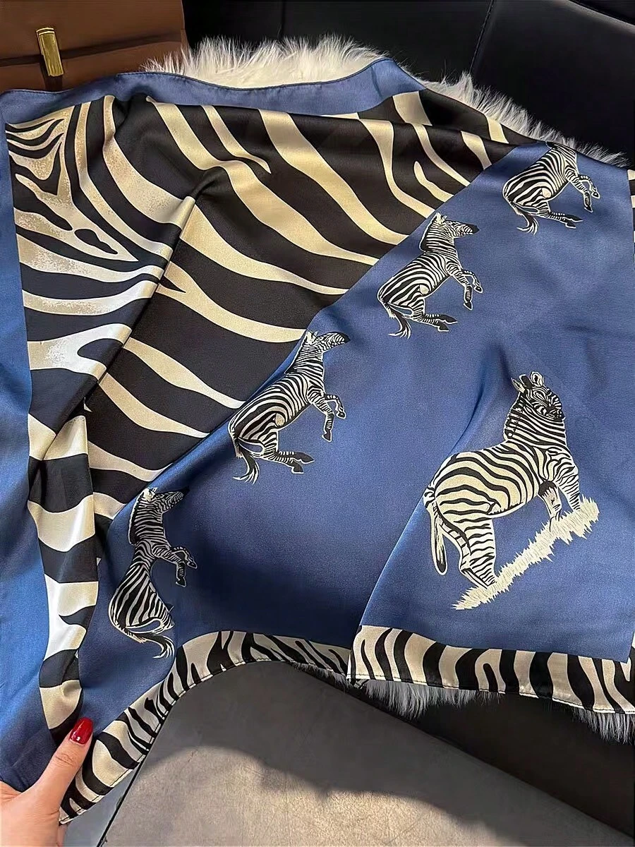 1pc Vintage Zebra Print Animal Satin Square Scarf Headscarf, Multifunctional Women's Imitation Silk Scarf Shawl, For Travel - Blue - View 1