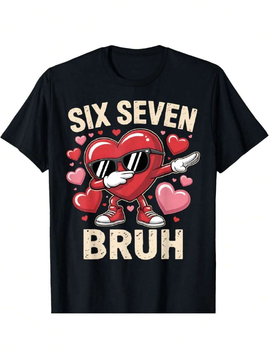 Funny T-Shirt With The "Dabbing Heart 67 Bruh Six Seven" Meme For Valentine's Day For Kids | Short Sleeve Printed T-Shirt, Casual Summer Style, Round Neck, Perfect Holiday Gift, Birthday Party Gift, Valentine's Day Gift. - 黑色 - 查看 1