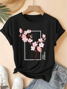 Simple And Versatile Spring/Summer New Women's Short Sleeve Crew Neck T-Shirt With Artistic Cherry Blossom Branch Print, Distressed Vintage Style, Casual Top, Soft And High-Quality Women's Clothing. | Fun And Original Design | Suitable For Everyday Wear In Spring, Cotton T-Shirt. - 黑色 - 查看 7