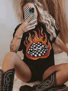 Premium Quality Graphic Tee, Plus Size Women's Clothing For Mother's Day, Plus Size Women's T-Shirt, Casual Short Sleeve Round Neck Top, Medium Stretch Fabric, Machine Washable, Comfortable Fit For All Seasons, Women's T-Shirt, Unique 2D Flat Print T-Shirt, Comfortable Fit Vintage T-Shirts. - 黑色 - 查看 9