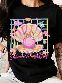 Women's Summer Print T-Shirt: Mermaid, Seashell, Pearl, Sea Turtle, Seahorse, Starfish. Casual Beach T-Shirt For Women, Ideal For Vacations And Parties. - 黑色 - 查看 1