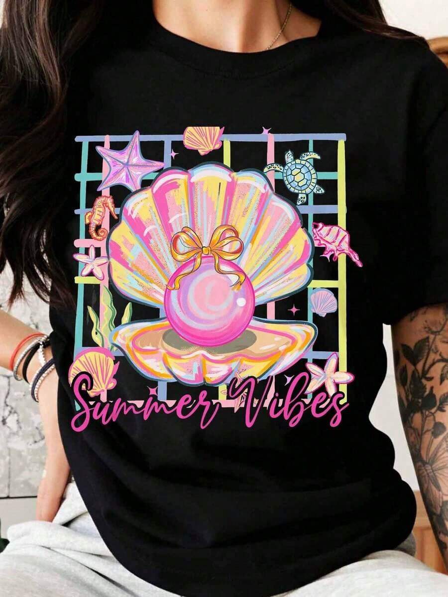 Women's Summer Print T-Shirt: Mermaid, Seashell, Pearl, Sea Turtle, Seahorse, Starfish. Casual Beach T-Shirt For Women, Ideal For Vacations And Parties. - 黑色 - 查看 1
