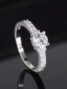Anillos de pareja con forma geométrica redonda de cuatro garras y circonita cúbica, regalo de joyería para uso diario de las mujeres - Blanco - Ver 4
