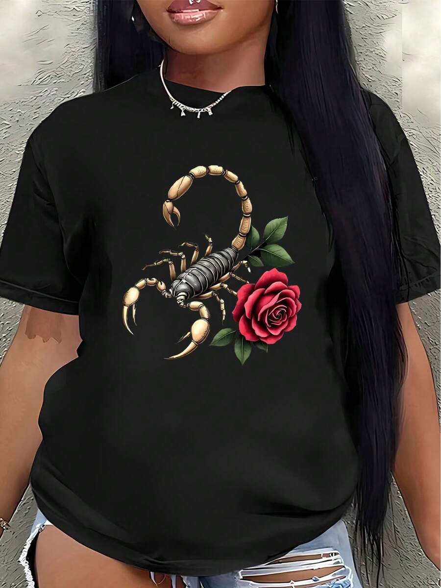 Camiseta de manga corta de poliéster, diseño con estampado de escorpión y rosa, ligera y duradera, adecuada para uso casual en casa o en restaurantes, disponible en una variedad de cortes cómodos.blusa casual mujer - Negro - Ver 1