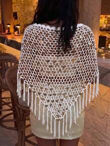 Khăn choàng nữ kiểu Boho móc len bóng bẩy, viền tua rua đính sequin, thích hợp cho mùa xuân/hè, đi biển, tiệc bể bơi, lễ hội âm nhạc. - trắng - Xem 3
