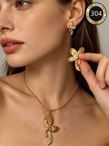 Bộ dây chuyền mặt dây bằng thép không gỉ chống thấm nước, không phai màu, không gây dị ứng dành cho nữ, thích hợp làm quà tặng trong các buổi hẹn hò, kỳ nghỉ hoặc quà tặng ngày lễ. - Vàng - Xem 7