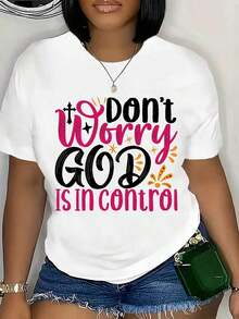 Modern And Minimalist Christian Faith T-Shirt For Women - "Don't Worry, God Is In Control" Print With Crosses And Stars, Casual Short-Sleeved Crew Neck T-Shirt Suitable For Women, Spiritual Gift For Church, Prayer Meetings And Everyday Wear. - 白色 - 查看 7