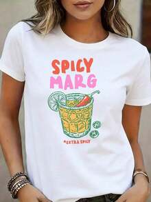 Spicy Marg Black T-Shirt With Spicy Margarita Print With Lime And Chili, Extra Spicy Text, Women's Summer Beach Party Wear, Summer Season, Mexican Fiesta, Casual Blouses For Ladies - 白色 - 查看 7