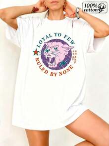 New Women's Fashion T-Shirt With Crew Neck, Soft White, Featuring A Panther Graphic On The Front And The Phrase 'loyal To The Few, Ruled By None', Perfect For Comfortable Everyday Style. New Women's Summer T-Shirt, Casual And Comfortable, With Crew Neck. Versatile Design For Summer. - 白色的 - 查看 10