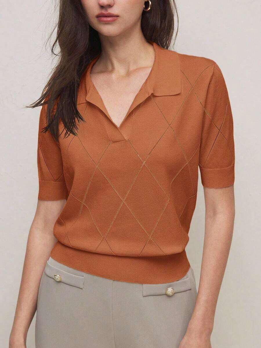 2026 Primavera/Verano Nueva Parte Superior de Punto de Manga Corta con Cuello Polo Sólido e Irregular, Elegante y Urbana para Uso Diario Versátil Retro de los 90 para Mujer, Romántica para San Valentín, Fiesta, Playa, Graduación, Moda, Carnaval, V - Óxido marrón - Ver 1